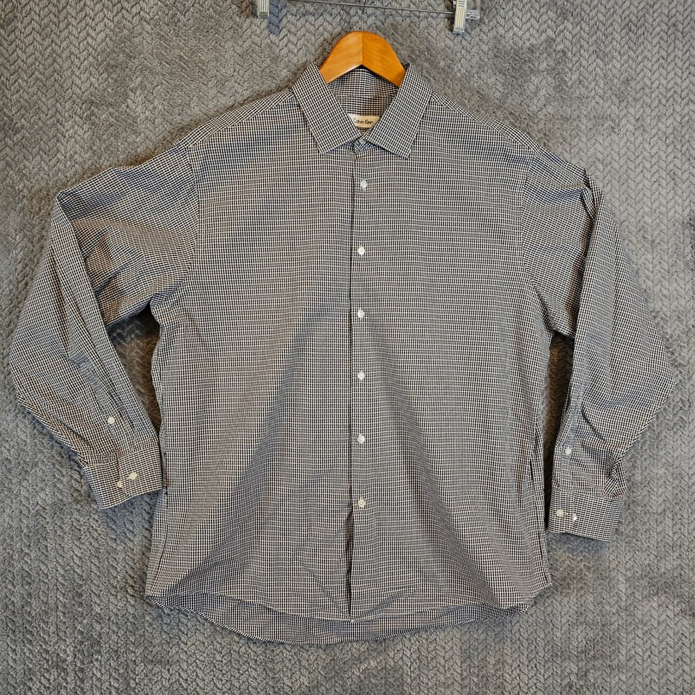 Calvin Klein Mens‎ Black White Gingham Cotton Dress Shirt Regular Fit 18 34/35